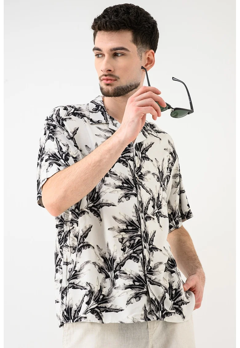 Camasa cu model floral Jeff, Alb fildes/Negru