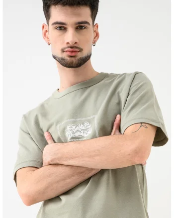 Tricou cu decolteu la baza gatului si imprimeu Nan, Alb/Verde sparanghel