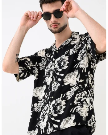 Camasa cu model floral Jeff, Alb/Negru