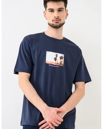 Tricou de bumbac organic cu imprimeu foto Axel, Albastru oceanic/Portocaliu pepene