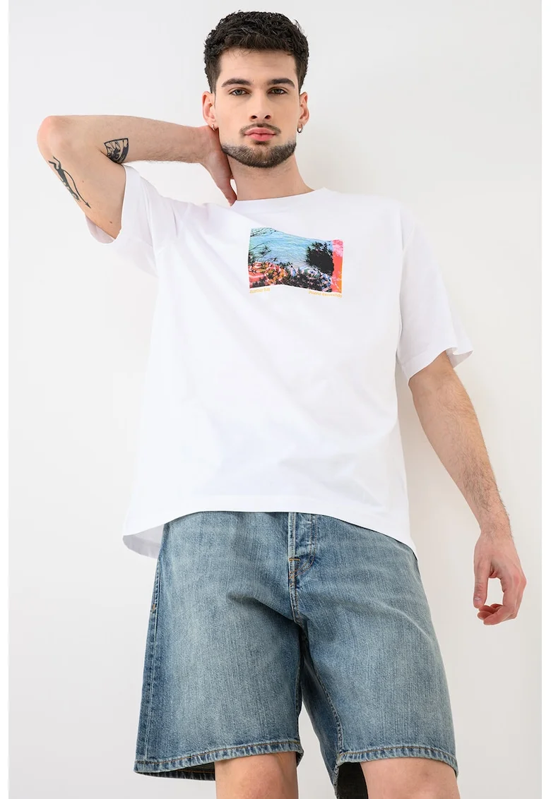 Tricou de bumbac organic cu imprimeu foto Axel, Alb/Turcoaz