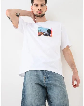 Tricou de bumbac organic cu imprimeu foto Axel, Alb/Turcoaz