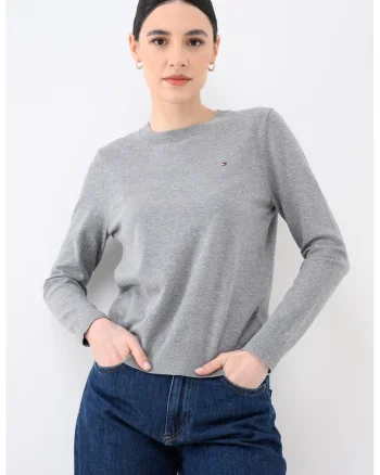 Pulover cu decolteu la baza gatului si logo discret, Gri inchis
