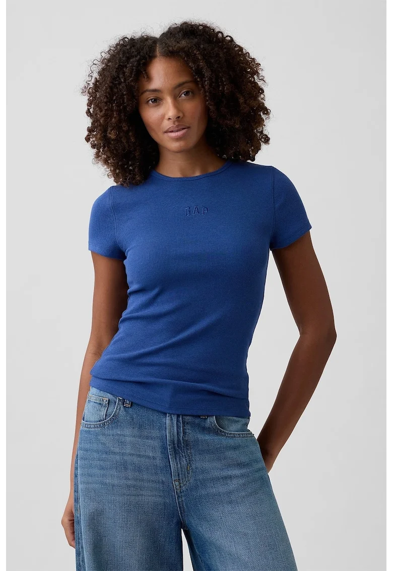 Tricou slim fit din amestec de modal cu logo brodat, Bleumarin