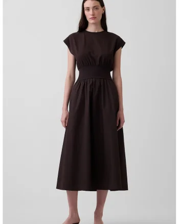 Rochie midi cu talie elastica, Maro inchis