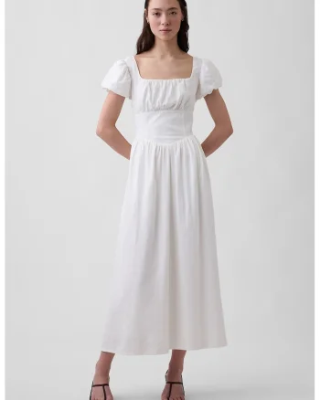 Rochie Empire din amestec de in cu decolteu patrat, Alb
