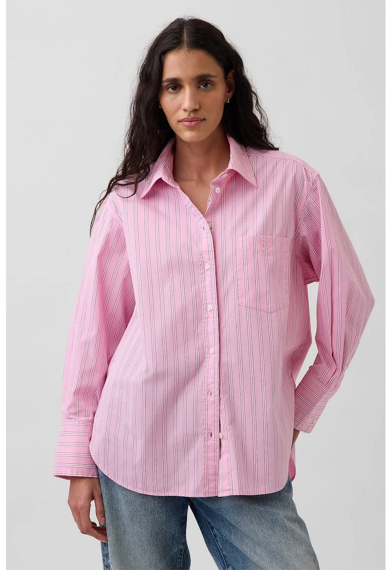 Camasa din bumbac organic cu model in dungi, Alb/Fucsia