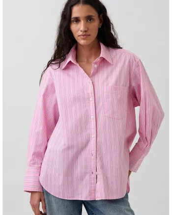 Camasa din bumbac organic cu model in dungi, Alb/Fucsia
