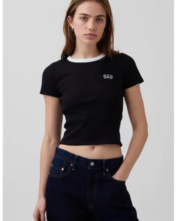 Tricou crop cu logo, Alb/Negru