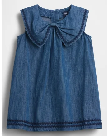 Rochie din material chambray cu detaliu funda, Albastru paun