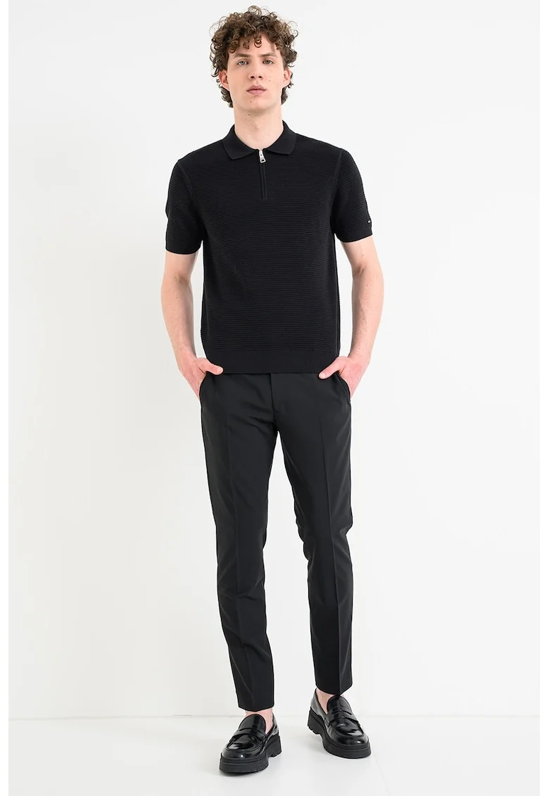 Tricou polo de bumbac organic cu fenta cu fermoar, Negru