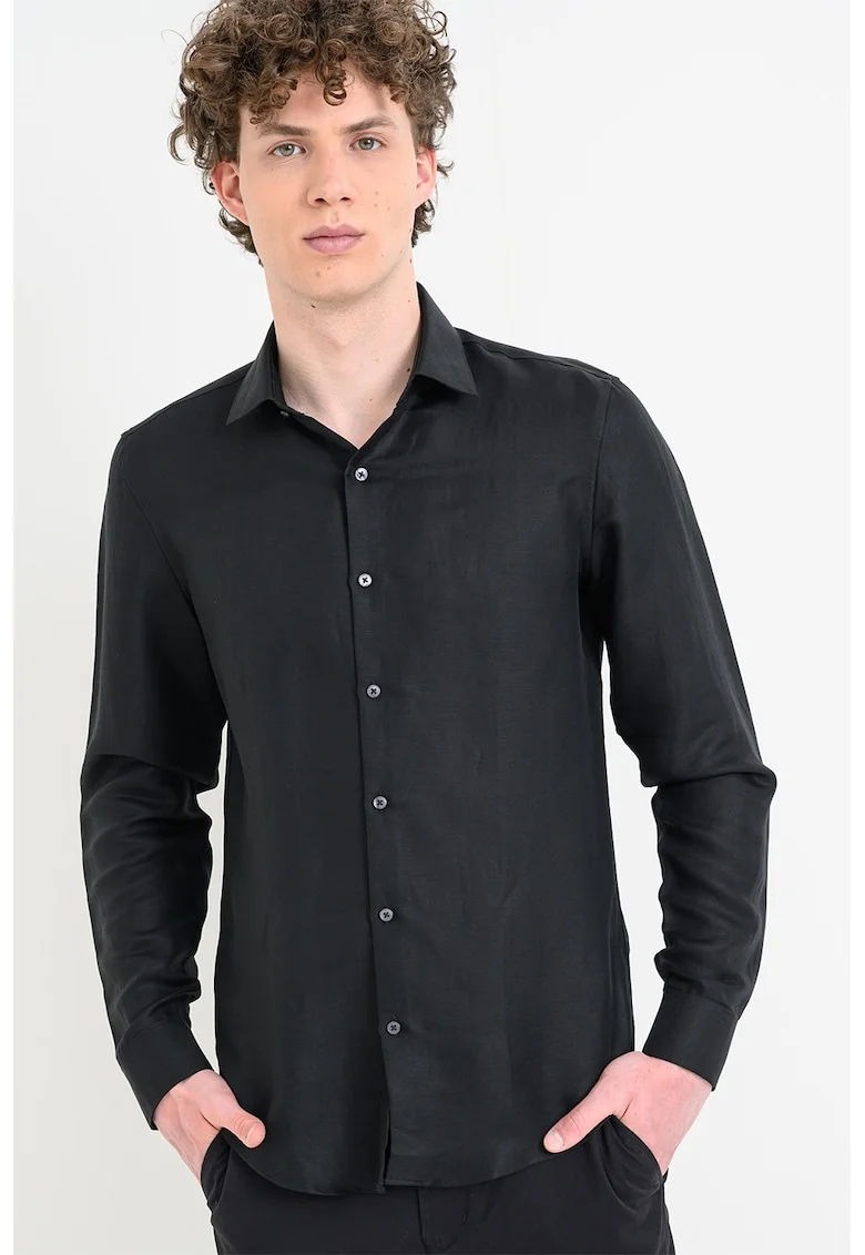 Camasa slim fit din amestec de lyocell si in, Negru