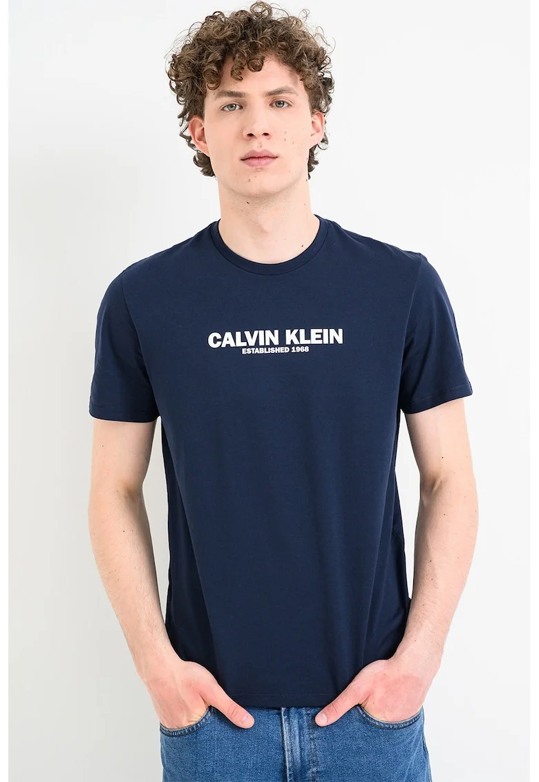 Tricou cu decolteu la baza gatului si logo, Bleumarin