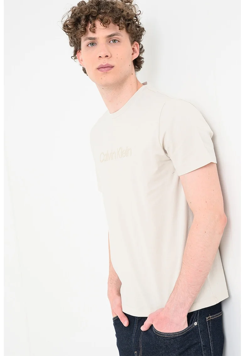 Tricou de bumbac cu decolteu la baza gatului si logo frontal, Crem