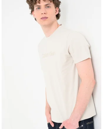 Tricou de bumbac cu decolteu la baza gatului si logo frontal, Crem