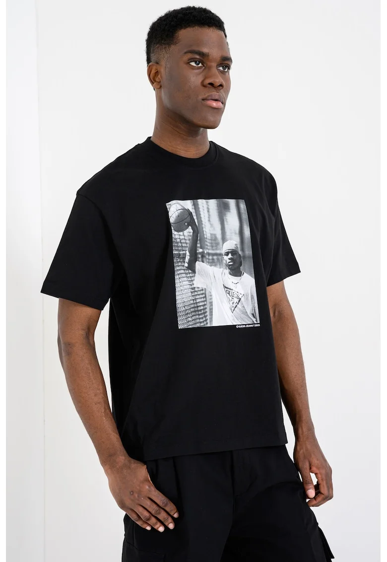 Tricou cu decolteu la baza gatului si imprimeu foto Allen Ivenrson, Negru/Gri
