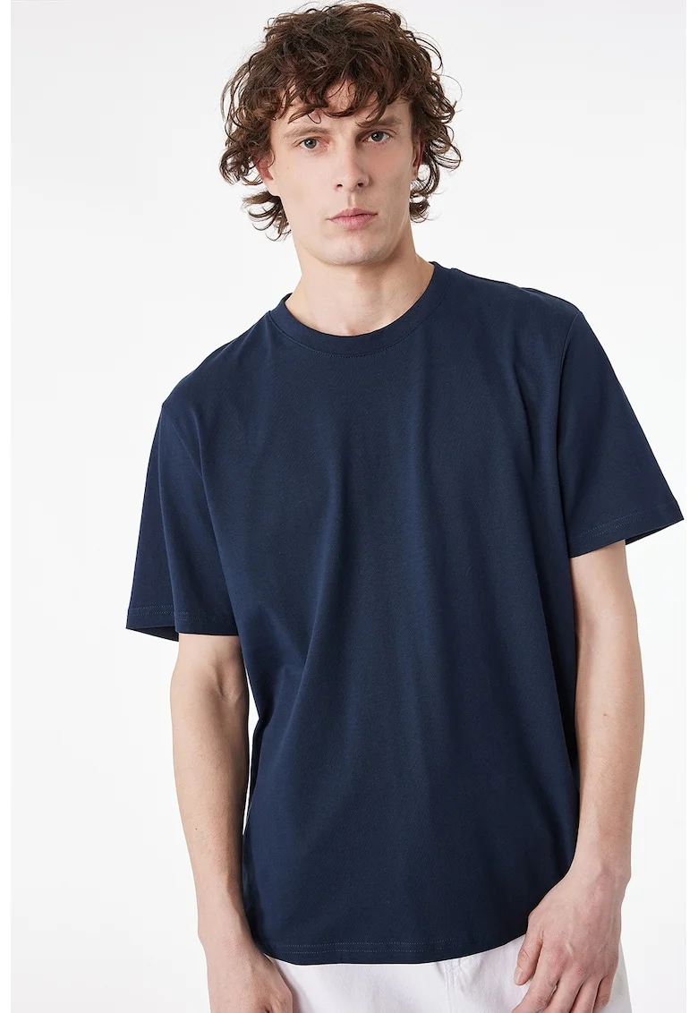 Tricou de bumbac cu decolteu la baza gatului, Bleumarin