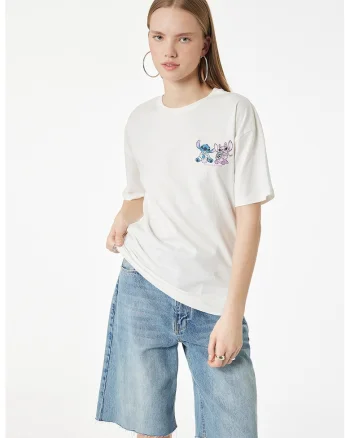 Tricou lejer cu imprimeu Stitch & Angel, Alb