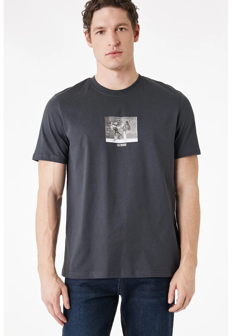 Tricou de bumbac cu imprimeu foto, Gri antracit