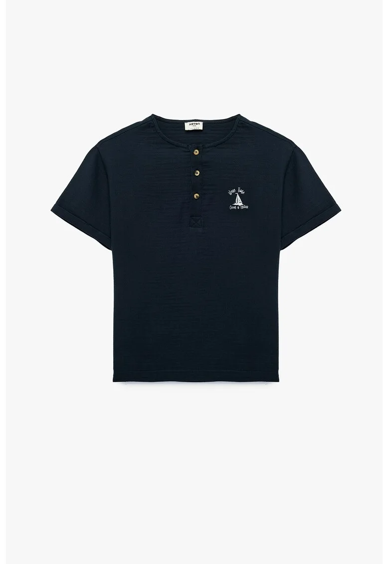Tricou de bumbac cu fenta cu nasturi, Albastru ultramarin