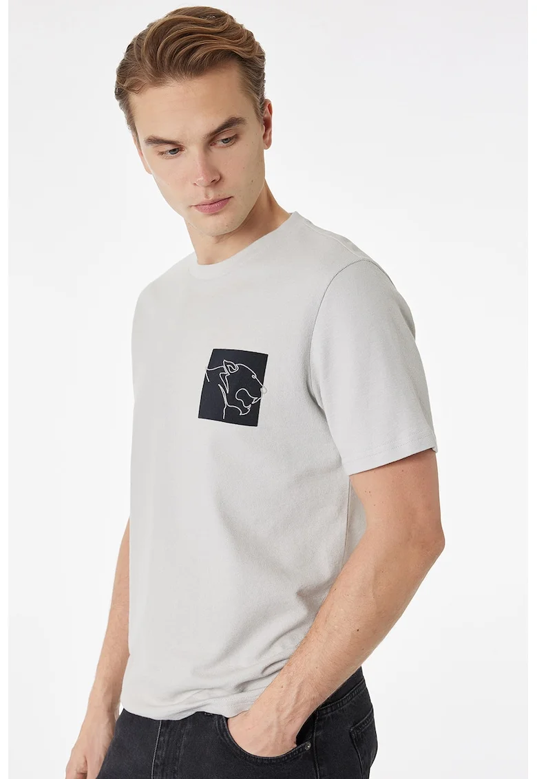 Tricou cu decolteu la baza gatului si imprimeu discret, Gri deschis