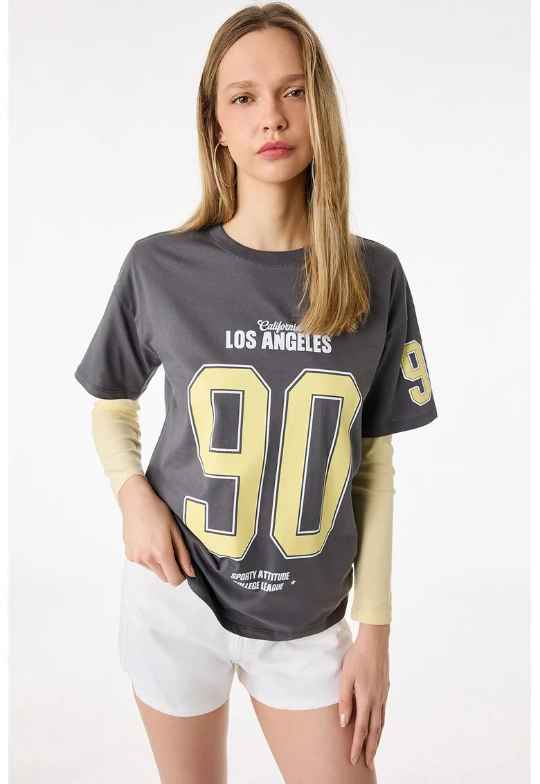 Tricou de bumbac cu imprimeu, Galben pal/Gri antracit