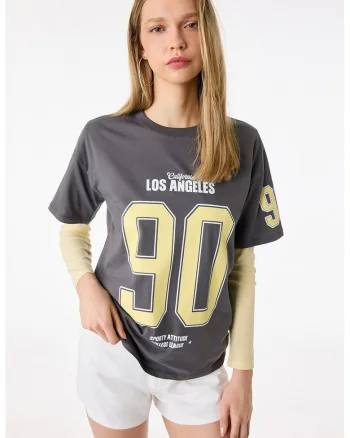 Tricou de bumbac cu imprimeu, Galben pal/Gri antracit