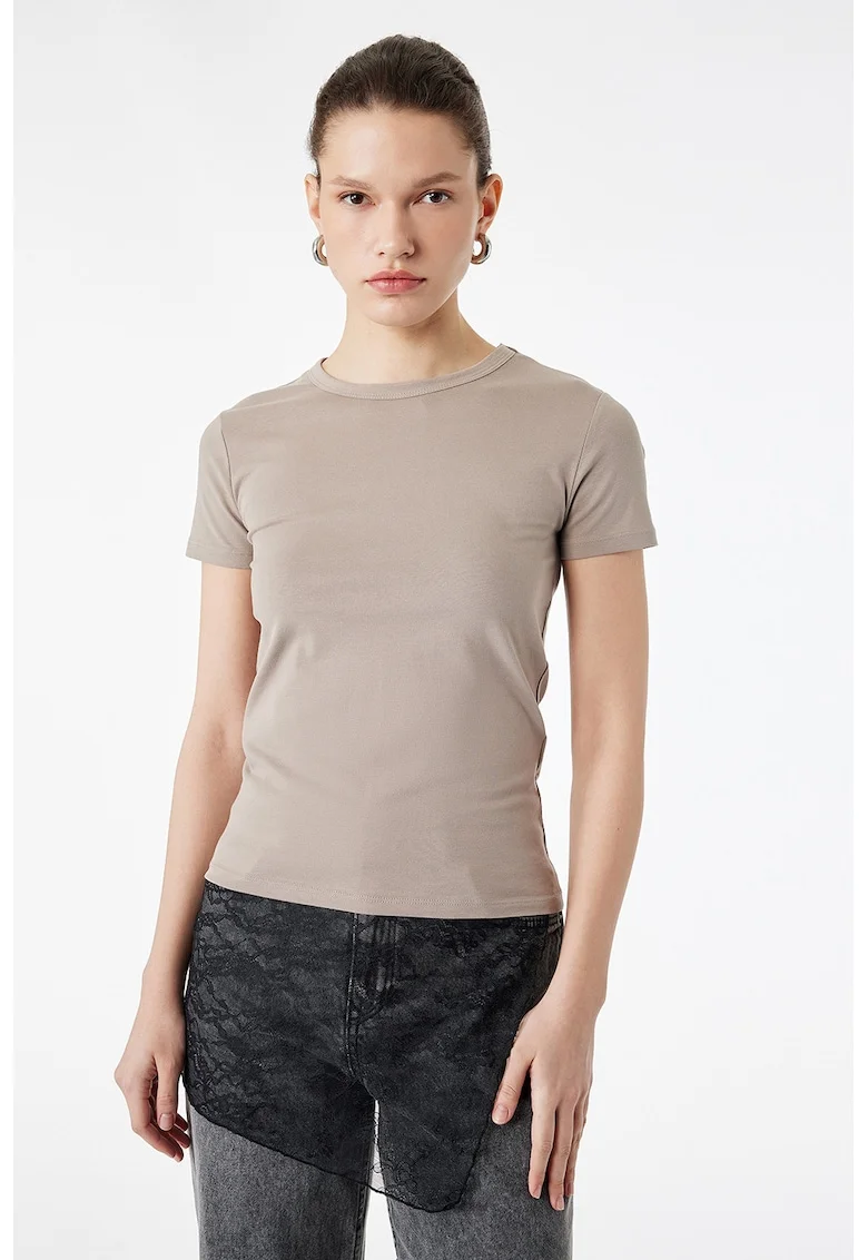 Tricou slim fit uni, Maro taupe deschis