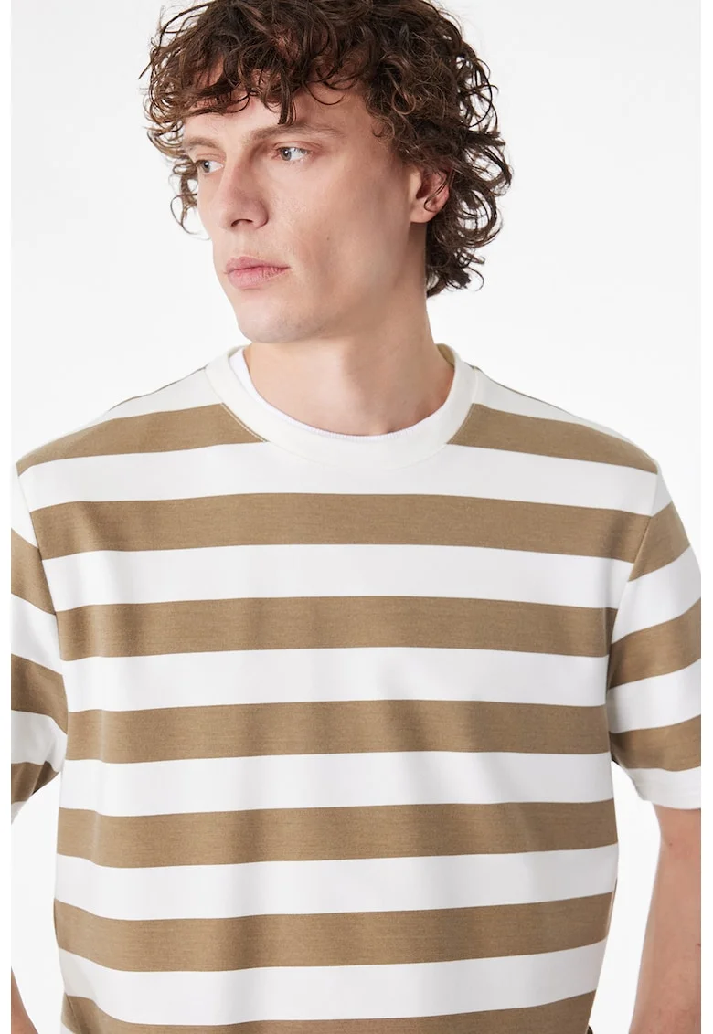 Tricou cu decolteu la baza gatului si dungi, Maro camel/Alb optic