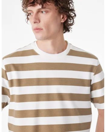 Tricou cu decolteu la baza gatului si dungi, Maro camel/Alb optic