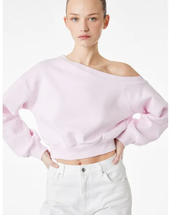 Bluza de trening crop cu decolteu pe un umar, Roz pastel