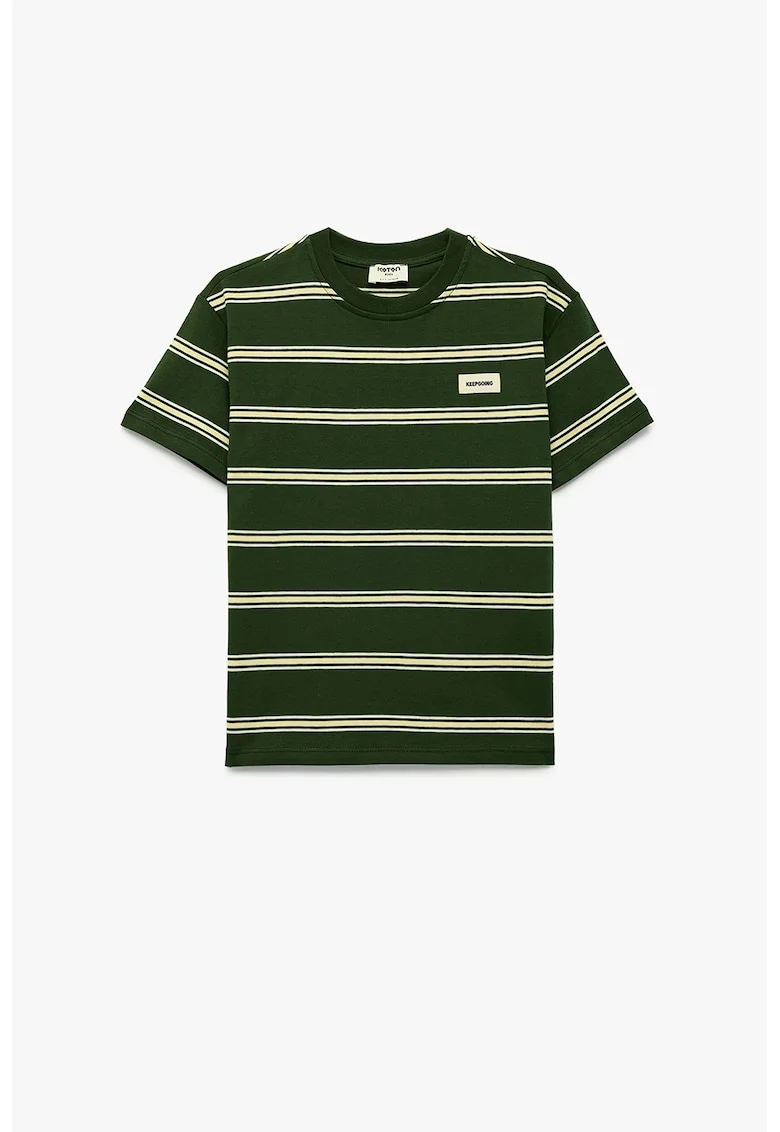 Tricou cu decolteu la baza gatului si dungi, Verde padure/Crem
