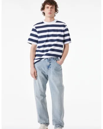 Tricou de bumbac cu dungi, Alb optic/Bleumarin