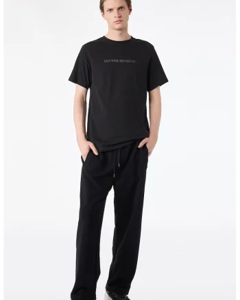Tricou cu decolteu la baza gatului si imprimeu text, Negru