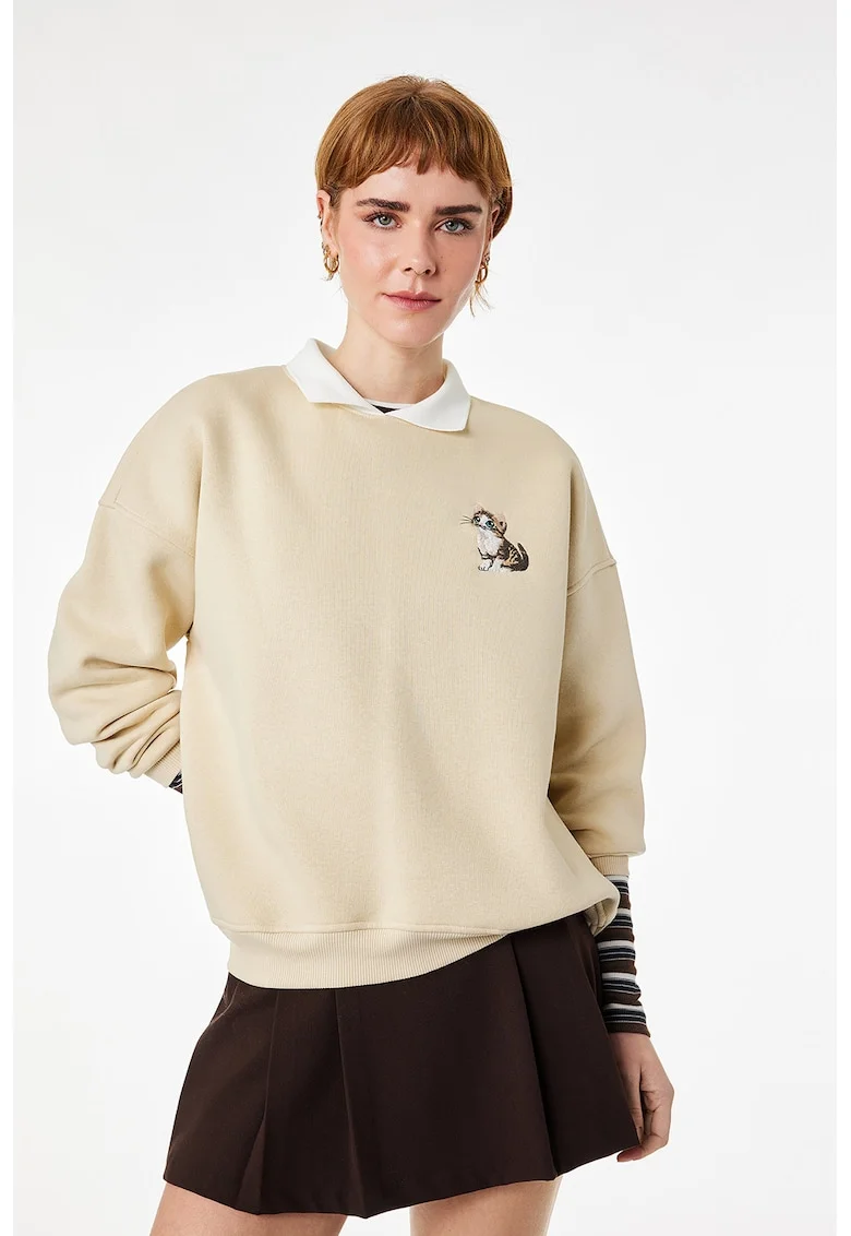 Bluza de trening din amestec de bumbac cu broderie cu pisica, Maro camel