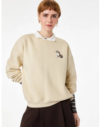 Bluza de trening din amestec de bumbac cu broderie cu pisica, Maro camel