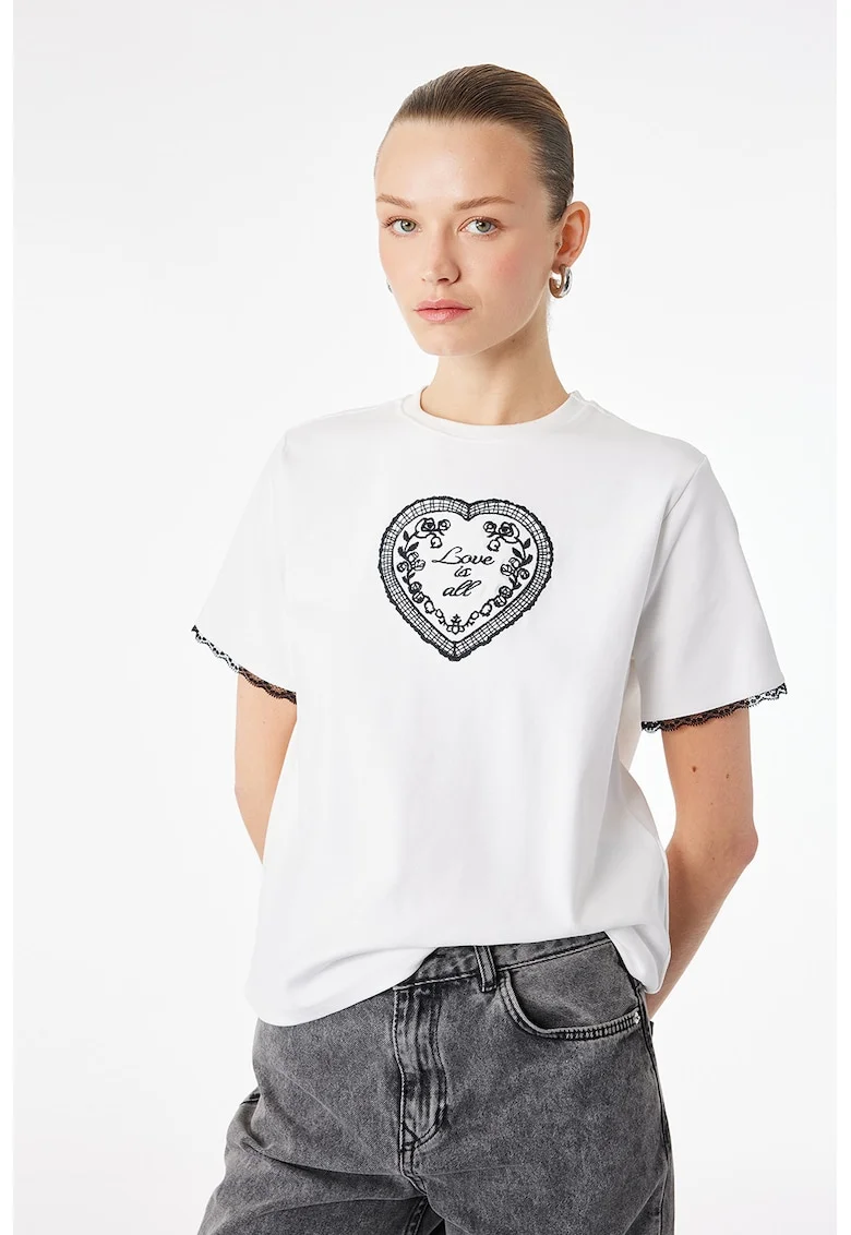 Tricou slim fit cu broderie cu inima, Alb/Negru