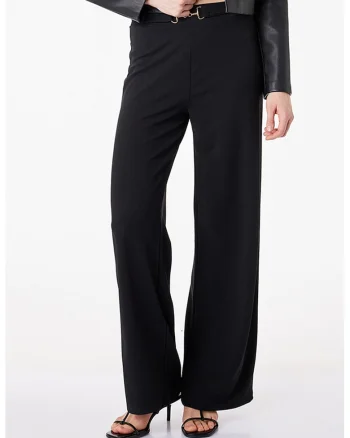Pantaloni palazzo cu croiala ampla si o curea, Negru