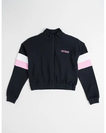 Bluza de trening cu fermoar si guler scurt, Alb/Negru/Roz