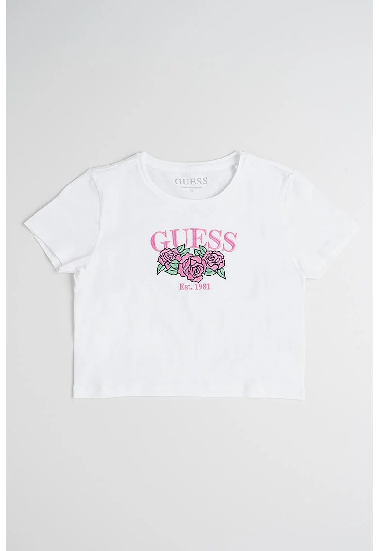 Tricou crop cu imprimeu logo, Alb/Verde/Roz