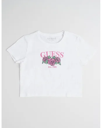 Tricou crop cu imprimeu logo, Alb/Verde/Roz