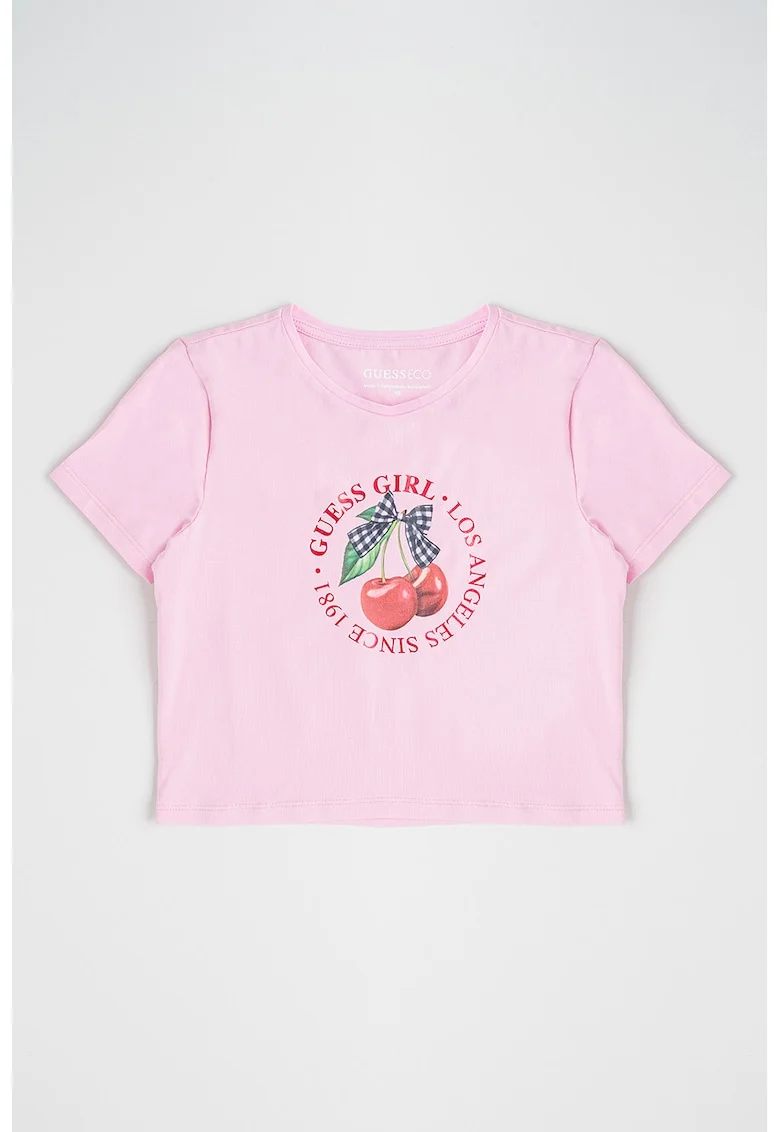 Tricou crop cu imprimeu logo, Rosu/Verde/Roz