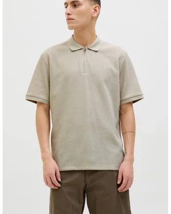 Tricou polo din amestec de bumbac organic cu fenta cu fermoar, Maro nisip