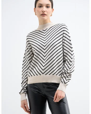 Pulover din amestec de modal cu dungi, Alb fildes/Negru