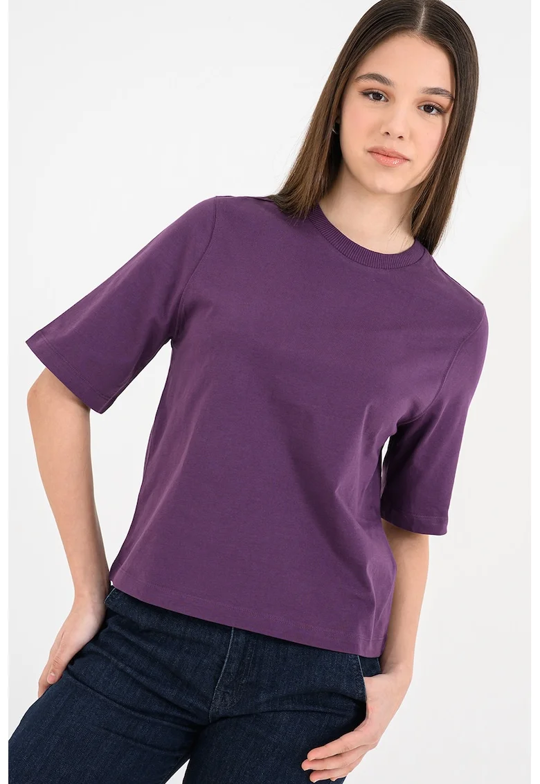 Tricou de bumbac cu decolteu la baza gatului Ben, Violet pruna