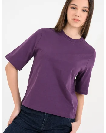 Tricou de bumbac cu decolteu la baza gatului Ben, Violet pruna