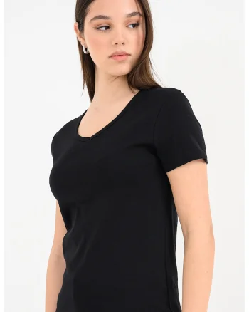 Tricou din bumbac cu decolteu in V, Negru