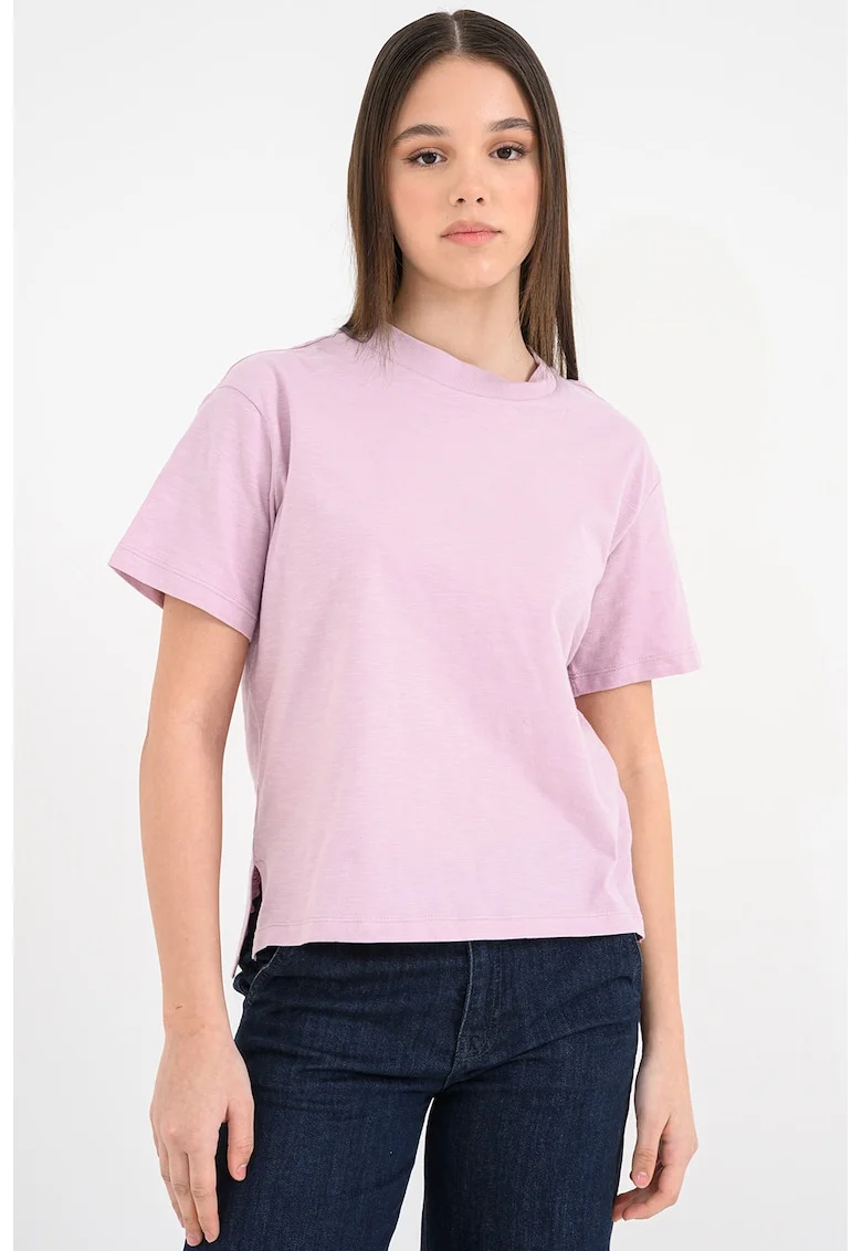 Tricou din bumbac cu decolteu la baza gatului, Lila