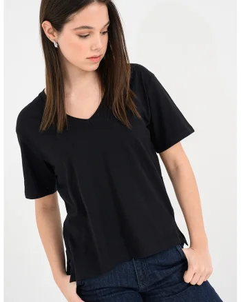 Tricou din bumbac cu decolteu in V, Negru