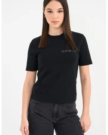 Tricou slim fit cu decolteu la baza gatului, Negru